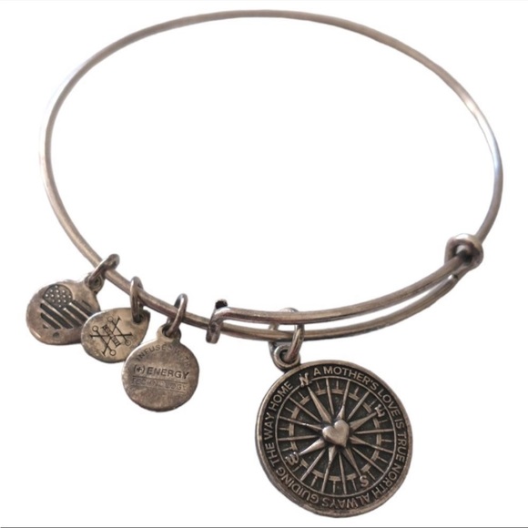 Alex And Ani True Direction Bangle Bracelet Heart Compass Silver Tone Adjustable - Picture 5 of 7